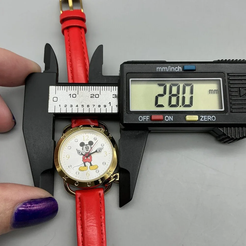 Disney Girls Watch 28mm Mickey Mouse Red Leather Gold Silver Tone New Battery